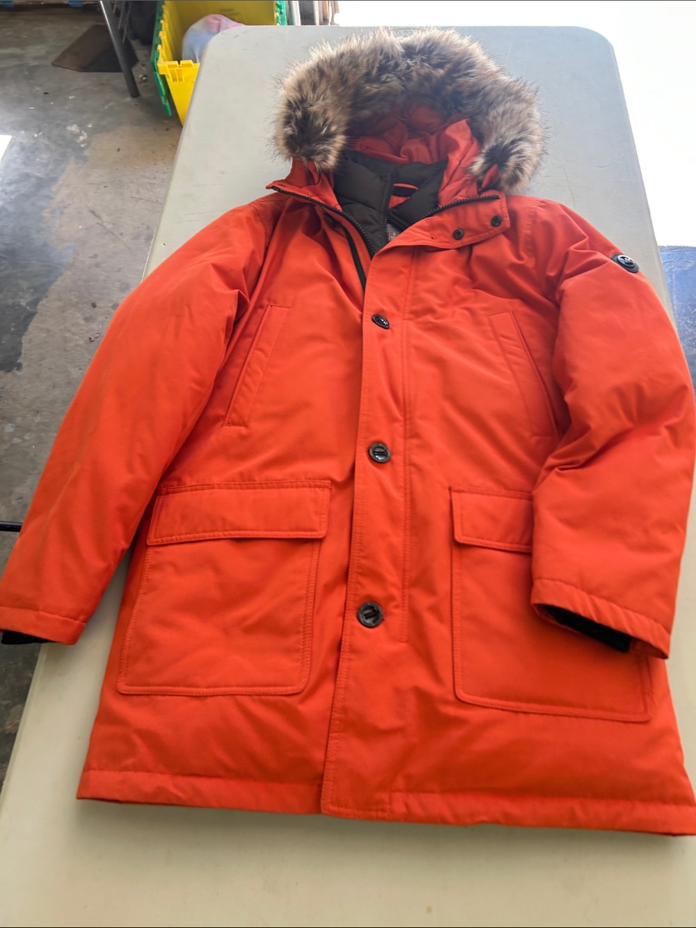 Michael Kors Men's Bright Orange Hooded Puffer Parka with Faux Fur Trim